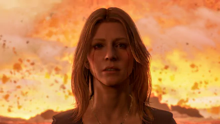 4K Ultra HD PC desktop background: a female character from Death Stranding stares forward as a glowing, fiery orange sky fills the horizon.