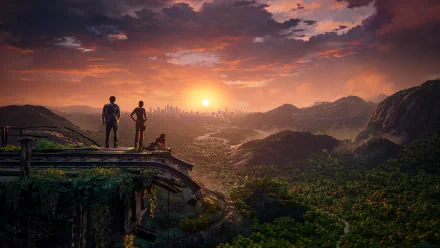 A stunning HD wallpaper featuring Samuel Drake, Chloe Frazer, and Nadine Ross from the video game Uncharted: The Lost Legacy, overlooking a breathtaking sunset landscape.
