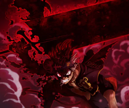 HD desktop wallpaper featuring Asta from Black Clover, depicted in a dynamic battle stance with a fierce expression set against a vivid red backdrop.