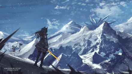 HD desktop wallpaper featuring the Arknights characters Texas and Lappland in a snowy mountainous landscape, with a dramatic, ice-crystal-laden sky.