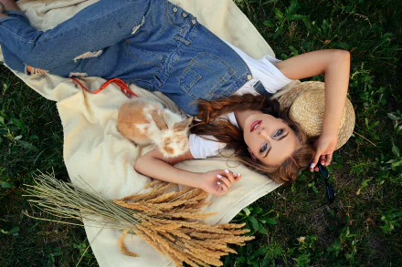Alina Stanislavskaya rabbit blue eyes braid redhead lying down woman model HD Desktop Wallpaper | Background Image