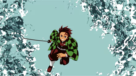 4K Ultra HD anime wallpaper featuring Tanjiro Kamado from Demon Slayer: Kimetsu no Yaiba in dynamic action pose with water effects on a teal background.