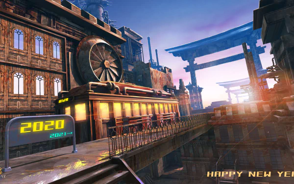 Anime-style steampunk cityscape with a vintage train displaying 2020, blending futuristic and industrial elements in an HD desktop wallpaper celebrating New Year 2020.