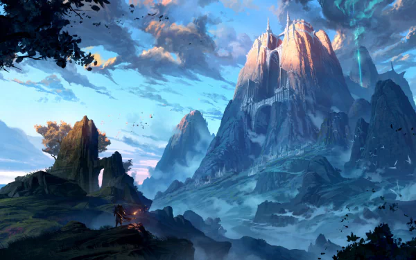 A fantasy warrior stands before a towering mountain gate in a dramatic fantasy landscape under a vibrant sky, rendered in HD for PC desktop wallpaper.
