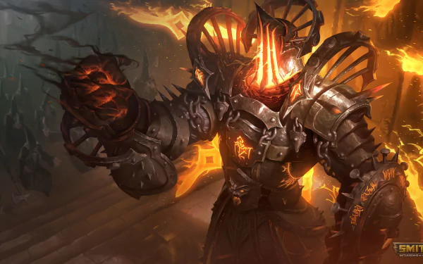 4K Ultra HD PC wallpaper featuring Zeus from the video game Smite, depicted in fiery, armored form with glowing orange accents and intense background lighting.