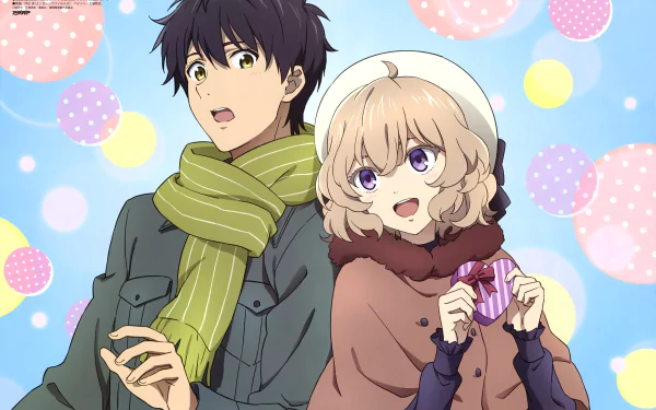 Kurou Sakuragawa and Kotoko Iwanaga from Kyokou Suiri pose together against a colorful polka dot sky in this 4K Ultra HD anime desktop wallpaper.