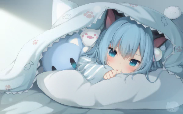 Anime-style HD wallpaper featuring Nekoha Shizuku with blue hair, blue eyes, and animal ears, cuddled under a blanket with stuffed toys.