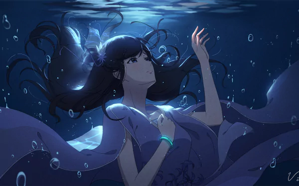 HD desktop wallpaper featuring an anime girl underwater with bubbles surrounding her, wearing a flowing outfit, and with her hair floating gracefully.