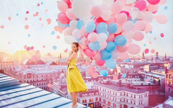 yellow dress balloon woman model HD Desktop Wallpaper | Background Image