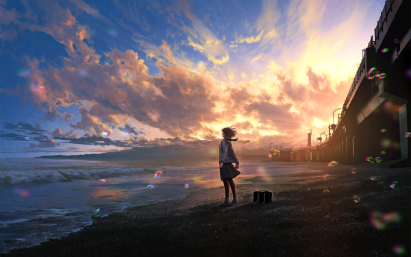 Anime Beach Sunset Bubble HD Wallpaper | Background Image
