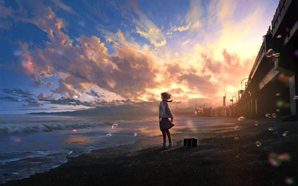 HD desktop wallpaper featuring an anime scene at a beach during sunset, with colorful bubbles floating in the air and a character standing by the shore.