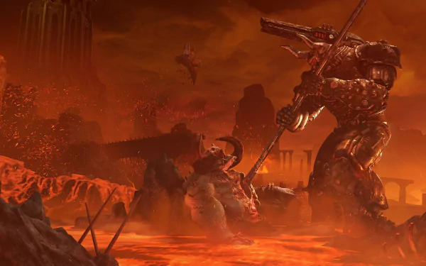 HD PC desktop wallpaper from the video game DOOM Eternal, featuring a fierce battle scene with a large armored demon wielding a weapon in a fiery, hellish landscape.