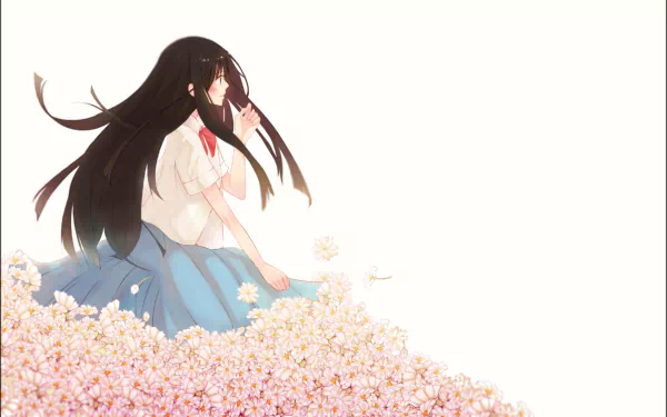 HD anime desktop wallpaper featuring Sawako Kuronuma from Kimi Ni Todoke, surrounded by delicate pink flowers on a light background.
