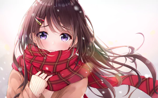 Anime-style original HD desktop wallpaper featuring a girl with brown hair and striking purple eyes, wrapped in a red plaid scarf with a soft, glowing background.