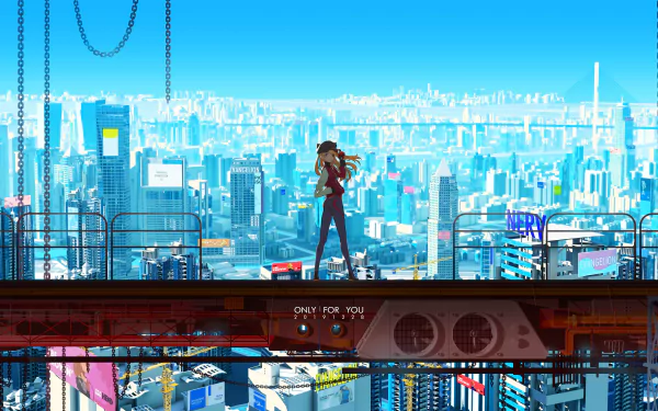HD desktop wallpaper featuring Asuka Langley Sohryu from Evangelion: 3.0 You Can (Not) Redo. The anime character stands on a platform above a sprawling futuristic cityscape.