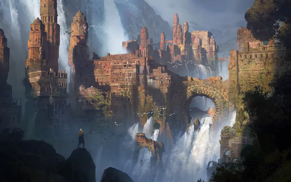 A stunning HD fantasy cityscape featuring towering arches and cascading waterfalls, set against a dramatic and immersive backdrop for a PC desktop wallpaper.