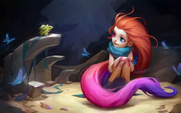 HD desktop wallpaper featuring Zoe from League of Legends with heterochromia, sitting on a sandy surface surrounded by glowing butterflies and a small green frog.