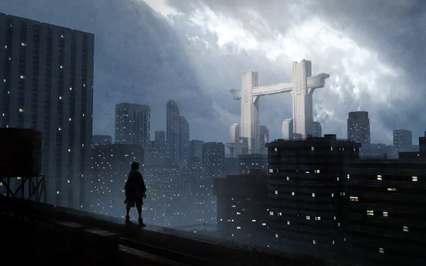 Anime-style cityscape under a moody sky with a solitary figure overlooking skyscrapers, captured in 4K Ultra HD for a striking PC desktop wallpaper.