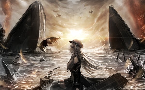 Anime Azur Lane Enterprise Long Hair White Hair Bird Warplane Ship Sunset HD Wallpaper | Background Image