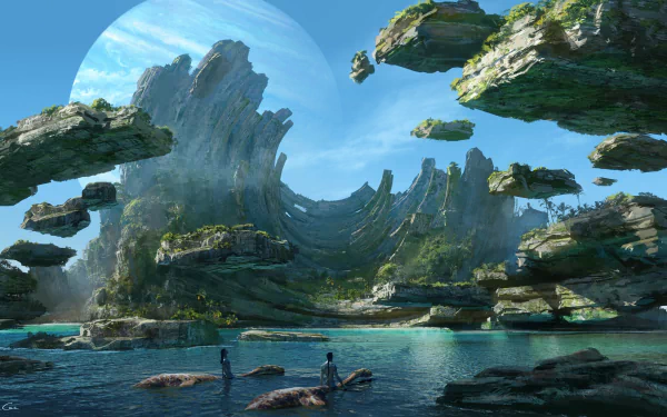 4K Ultra HD PC desktop wallpaper featuring a stunning landscape from the movie Avatar: The Way of Water with floating islands and serene water under a bright sky.