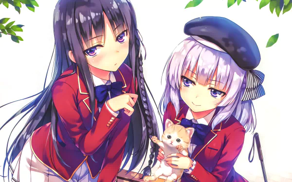 Suzune Horikita and Alice Sakayan from Classroom of the Elite, dressed in school uniforms, interact with a small cat in a vibrant 4K anime desktop wallpaper.