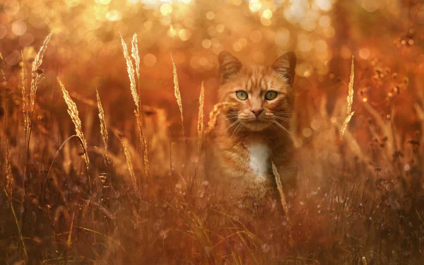 A focused cat stares intently amidst tall golden grass with a blurred bokeh background, creating a captivating HD desktop wallpaper and background.