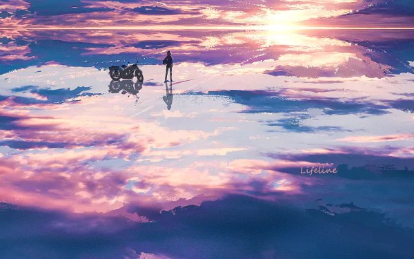 HD PC anime desktop wallpaper: a lone rider with an anime motorcycle on a vast reflective plane, a sunset sky in pink and purple hues mirrored across the clouds.