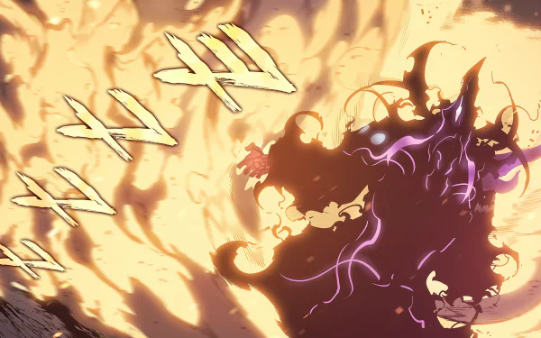 An HD desktop wallpaper featuring Tusk from the anime Solo Leveling, with a dramatic display of fiery and mystical elements surrounding the character.