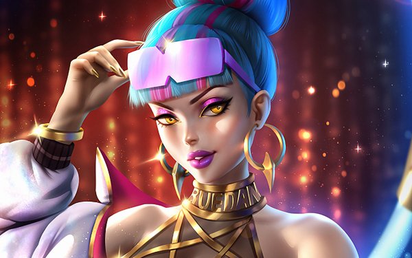 Video Game League Of Legends Qiyana Sunglasses Lipstick Blue Hair K/DA HD Wallpaper | Background Image