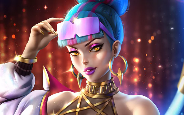 K/DA Qiyana from League of Legends with blue hair, purple lipstick, and sunglasses, set against a glowing, vibrant background in this HD PC desktop wallpaper.