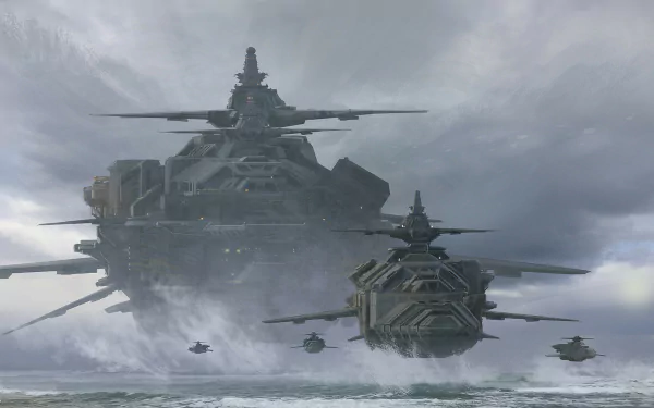 Sci-fi battleship and smaller vehicles hover over a misty ocean, set against a cloudy sky in this HD PC desktop wallpaper and background.