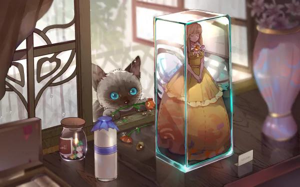 An HD desktop wallpaper featuring an antique-themed scene with a cat peeking over a table, assorted trinkets, and an anime-style character encased in a glass box.