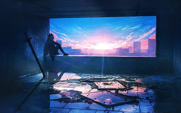 HD desktop wallpaper featuring the character Skadi from Arknights, wielding a sword in a flooded, abandoned building with a vibrant sky backdrop.