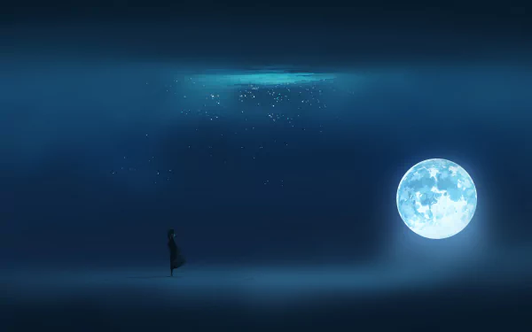 Anime-themed HD wallpaper featuring a lone figure standing under a glowing blue moon with a misty, ethereal atmosphere. The night sky is dotted with stars, creating a tranquil and mystical scene.