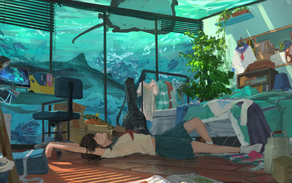 Anime Original Ocean Uniform Fish Room HD Wallpaper | Background Image