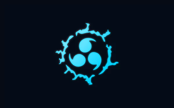 8K Ultra HD Naruto-themed PC desktop wallpaper featuring a glowing blue Sharingan symbol cracked with electric energy on a black background.