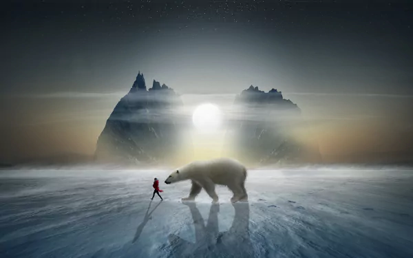 HD desktop wallpaper featuring a majestic polar bear walking on icy terrain with a person and stunning arctic scenery in the background, under a setting sun.