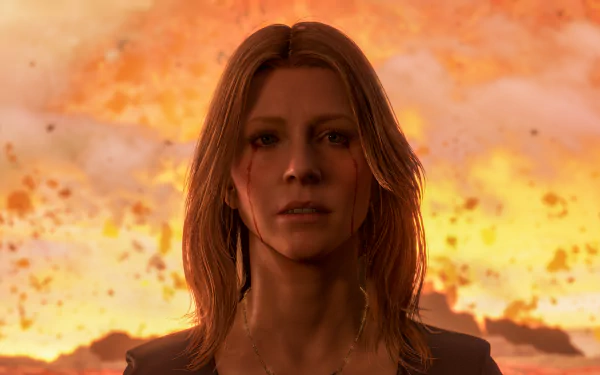 4K Ultra HD PC desktop background: a female character from Death Stranding stares forward as a glowing, fiery orange sky fills the horizon.