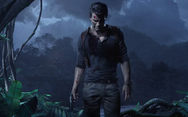 HD desktop wallpaper featuring Nathan Drake from the video game Uncharted 4: A Thief's End, standing in a dense jungle with a determined expression. The scene is dark and atmospheric.