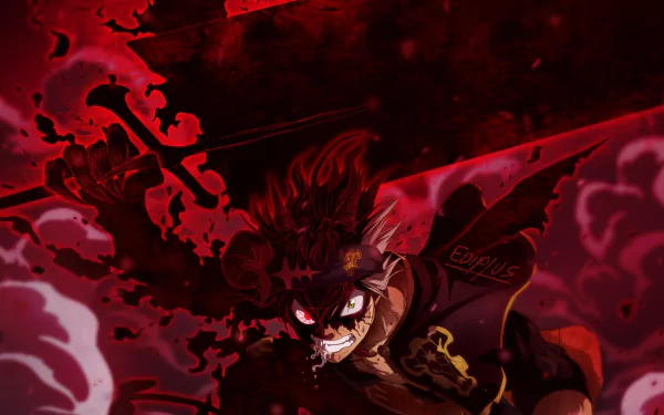 HD desktop wallpaper featuring Asta from Black Clover, depicted in a dynamic battle stance with a fierce expression set against a vivid red backdrop.