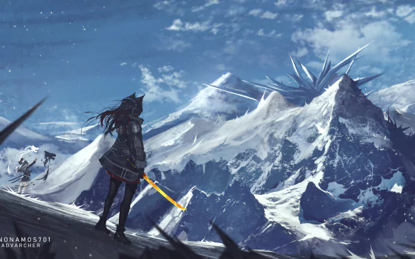 HD desktop wallpaper featuring the Arknights characters Texas and Lappland in a snowy mountainous landscape, with a dramatic, ice-crystal-laden sky.