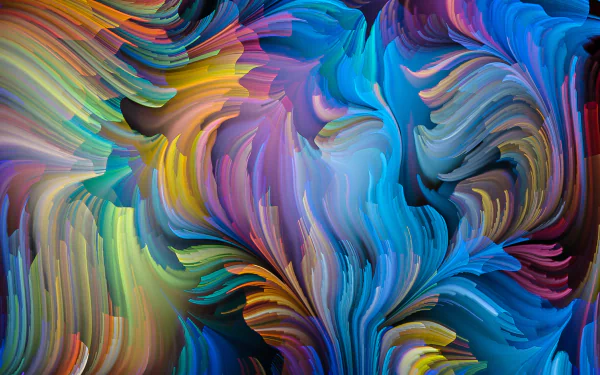 Colorful abstract swirls of vibrant brushlike strokes in rich blues, purples, yellows and greens — 2K Quad HD PC desktop wallpaper background.