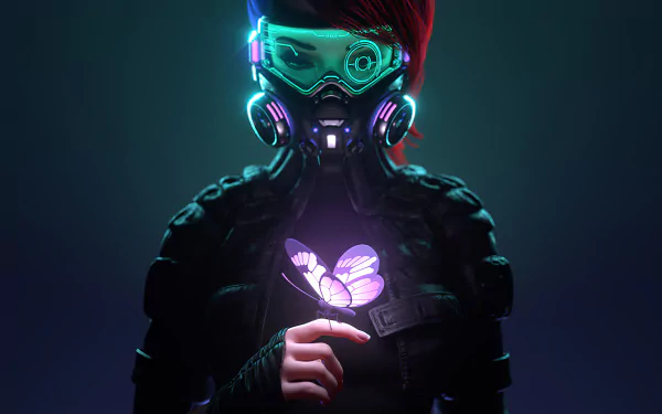 HD wallpaper of a futuristic cyberpunk figure in glowing, hi-tech goggles and gear, holding a luminous butterfly in a dark, dramatic setting.
