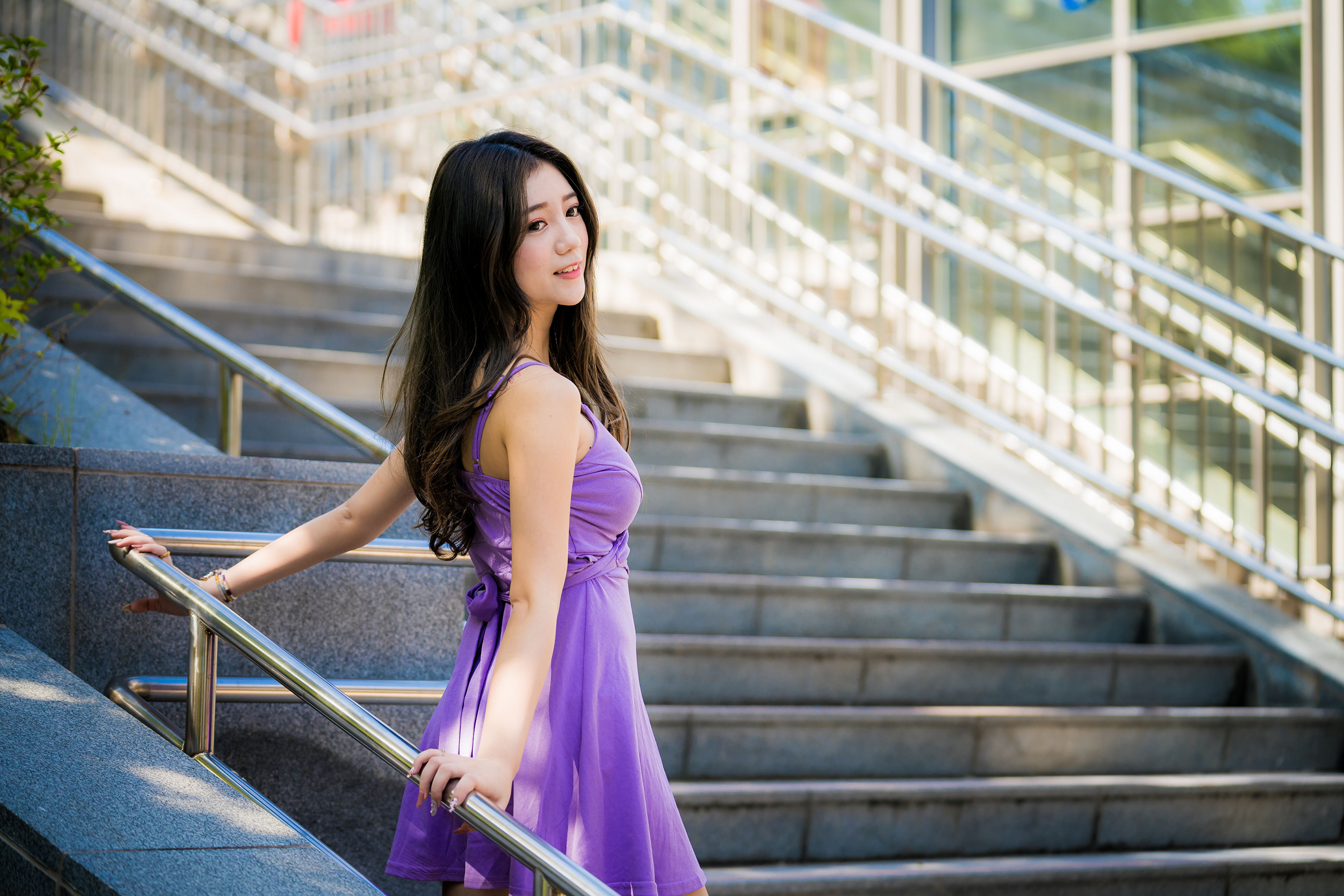 Download Black Hair Purple Dress Long Hair Depth Of Field Model Woman