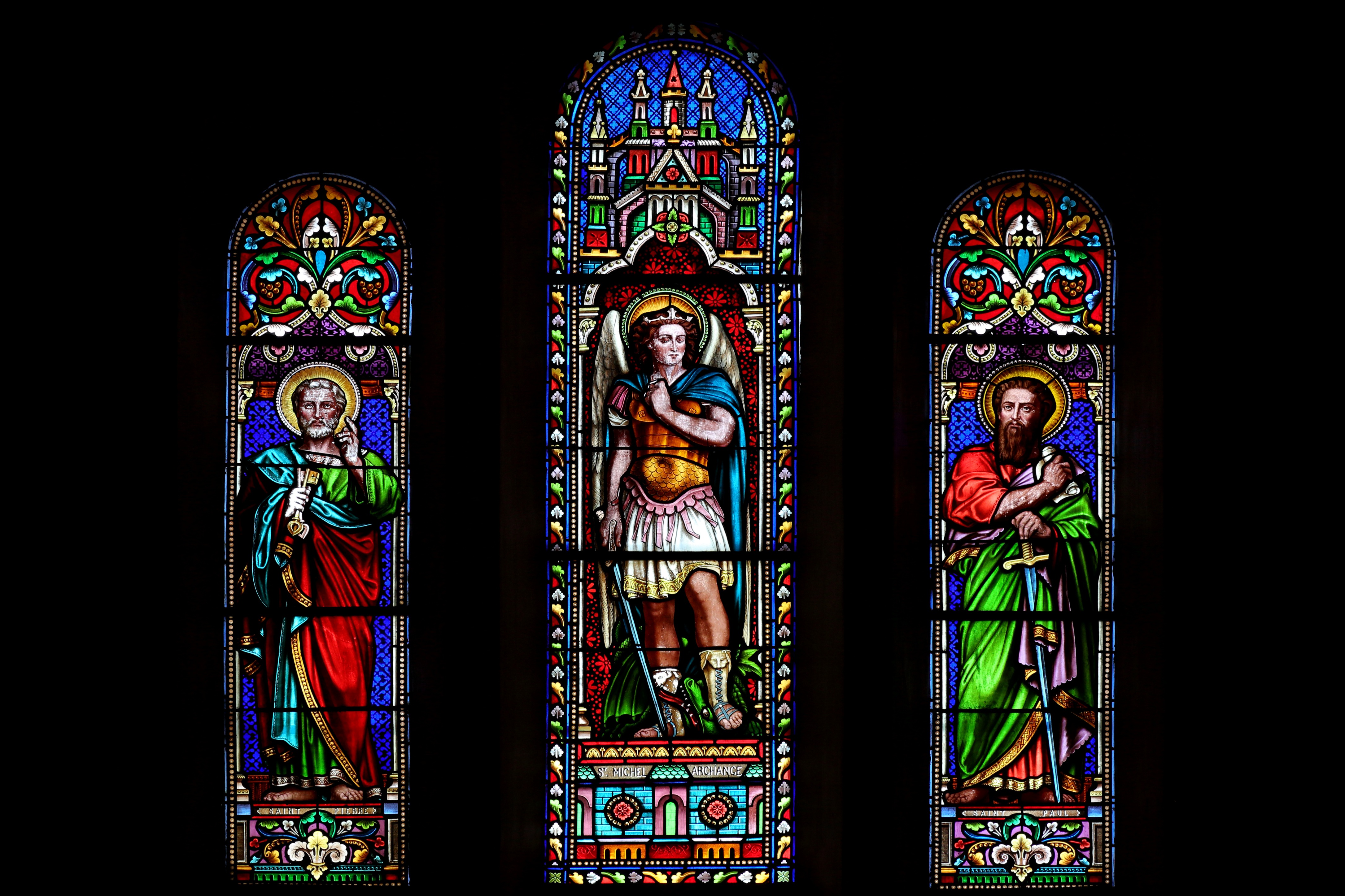 Religious Stained Glass Window's of Saint Paul, St. Michel and Saint Pierre by Emmanuel A