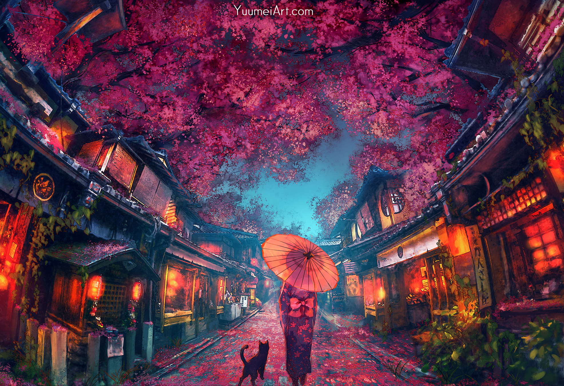 Anime Girl on City Street with Sakura Trees at Dusk by Yuumei