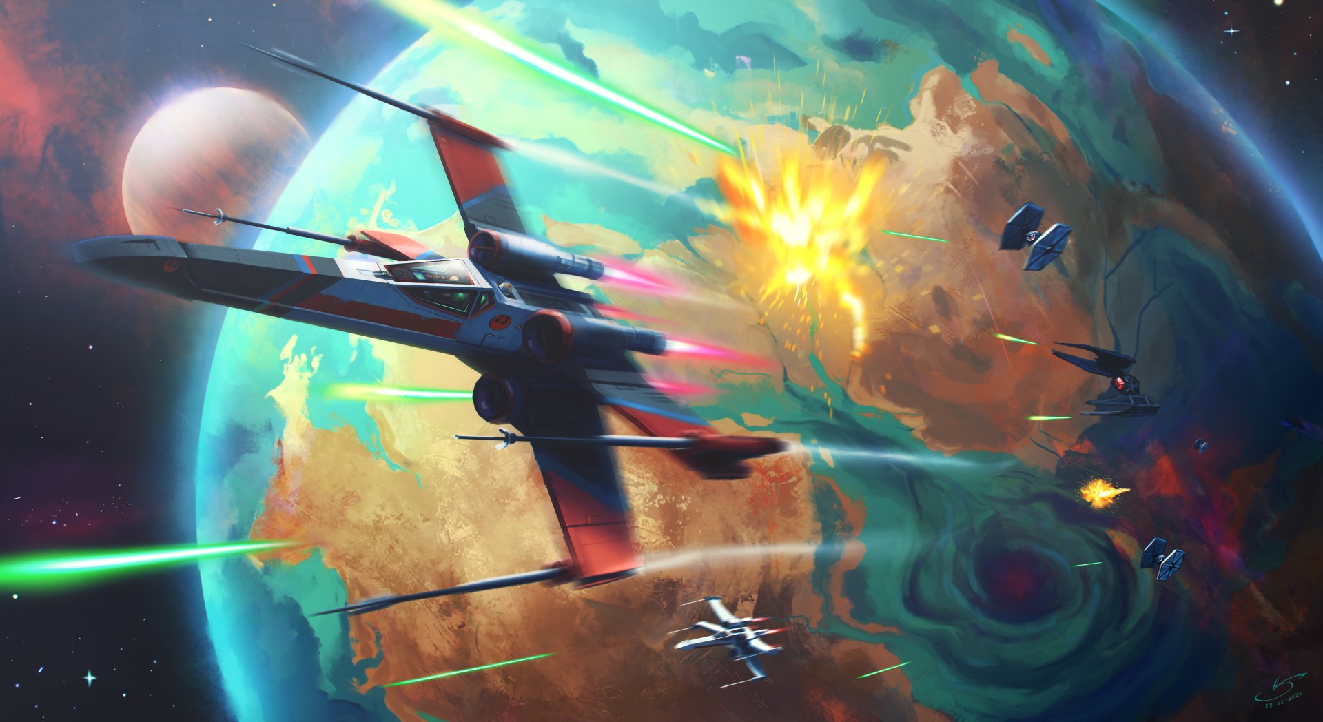 HD PC desktop wallpaper featuring an intense Star Wars space battle with X-Wing fighters engaged in a dynamic sci-fi dogfight against a vibrant planetary backdrop.