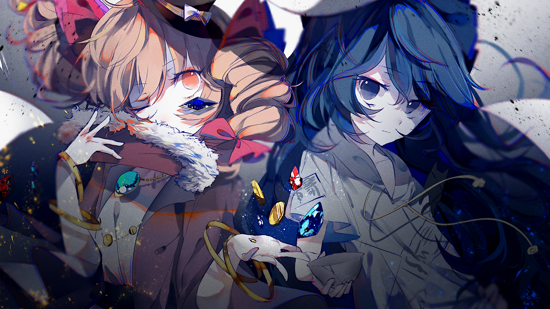 4K Ultra HD PC desktop wallpaper of Touhou anime characters Shion and Joon Yorigami — twin figures in detailed costumes, contrasting blue and warm tones with glowing jewel accents.