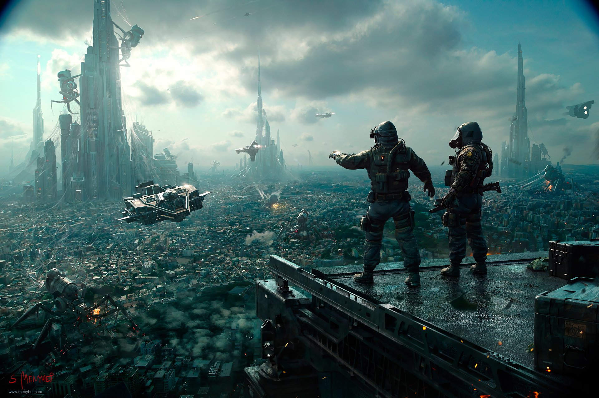 Futuristic sci-fi cityscape in 4K Ultra HD, featuring two armored warriors overlooking advanced vehicles amidst towering structures and a sprawling urban battlefield.