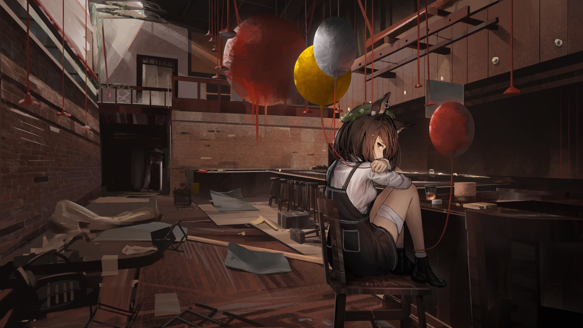 Anime-style 4K Ultra HD PC wallpaper featuring Chen from Touhou, sitting thoughtfully in a dimly lit, abandoned classroom filled with scattered papers and hanging balloons.